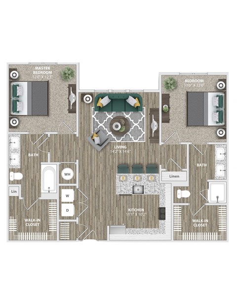 Floor plan for 2 beds, 2 baths, 1106 sqft
